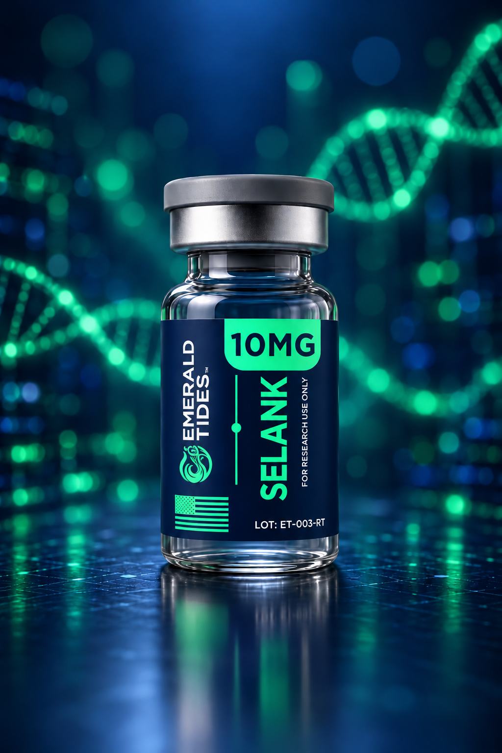 Selank 10mg research peptide vial by Emerald Tides, lyophilized powder