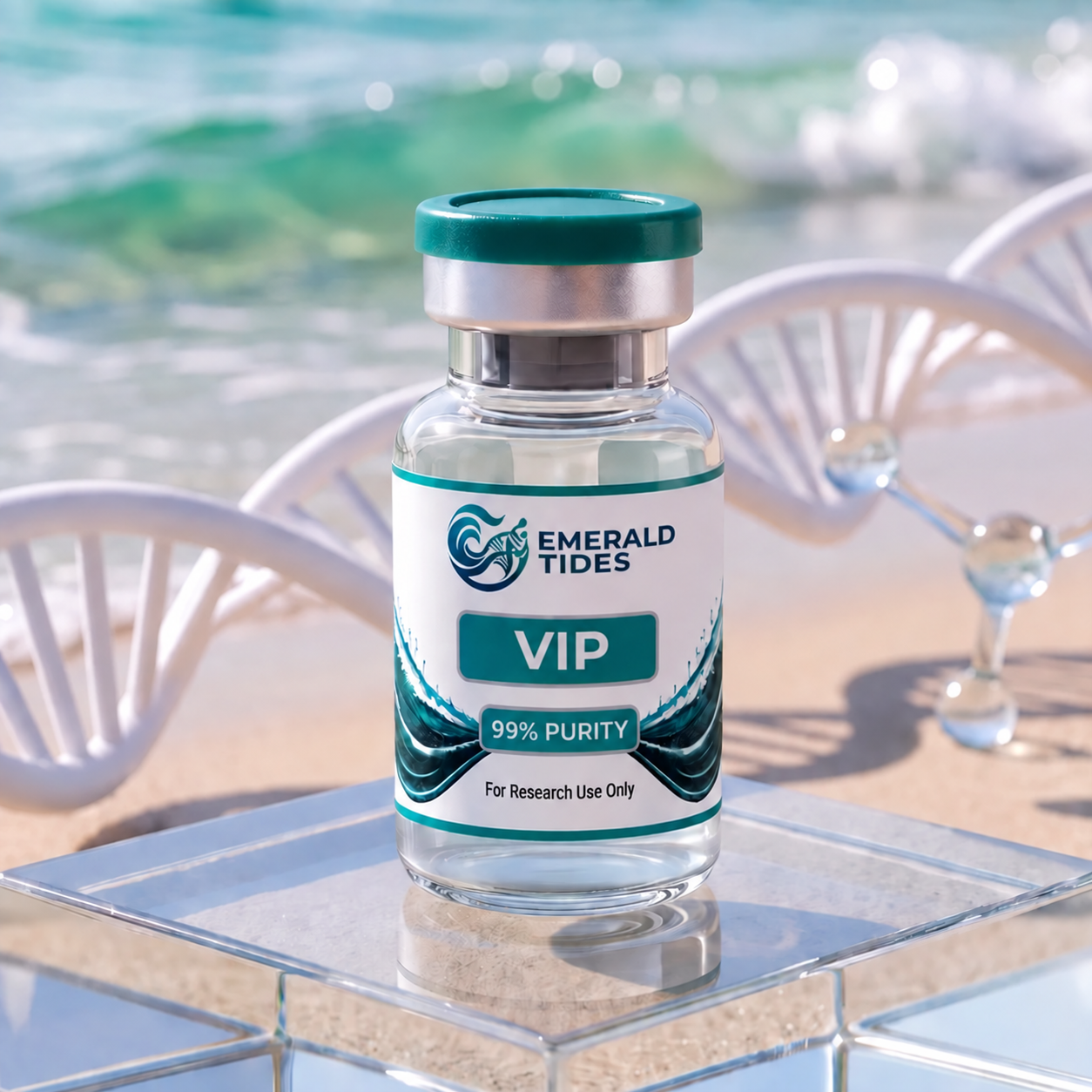 A small glass research vial featuring a distinct white label branded with "Emerald Tides" and "VIP 10mg." Inside the clear glass vial is a white, freeze-dried cake of lyophilized peptide powder, sealed tightly with a colored flip-top cap.