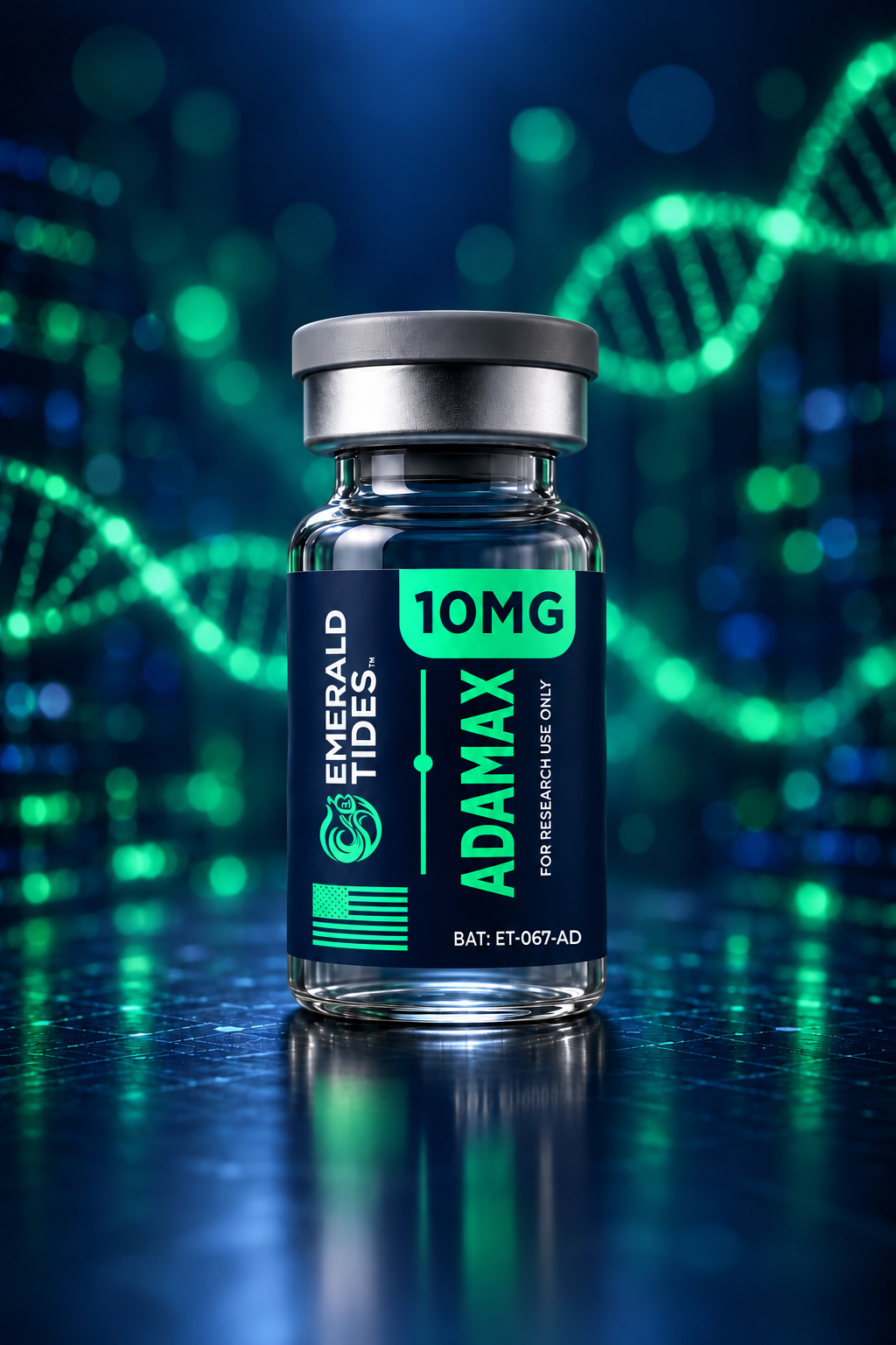 Emerald Tides Adamax 10mg lyophilized research peptide vial with batch label